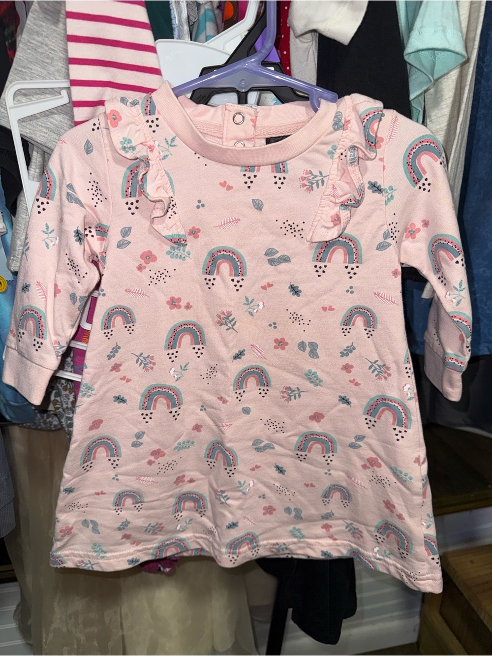 Picapino Baby Girls Size 12 months Rainbow Dress Long Sleeve Pink